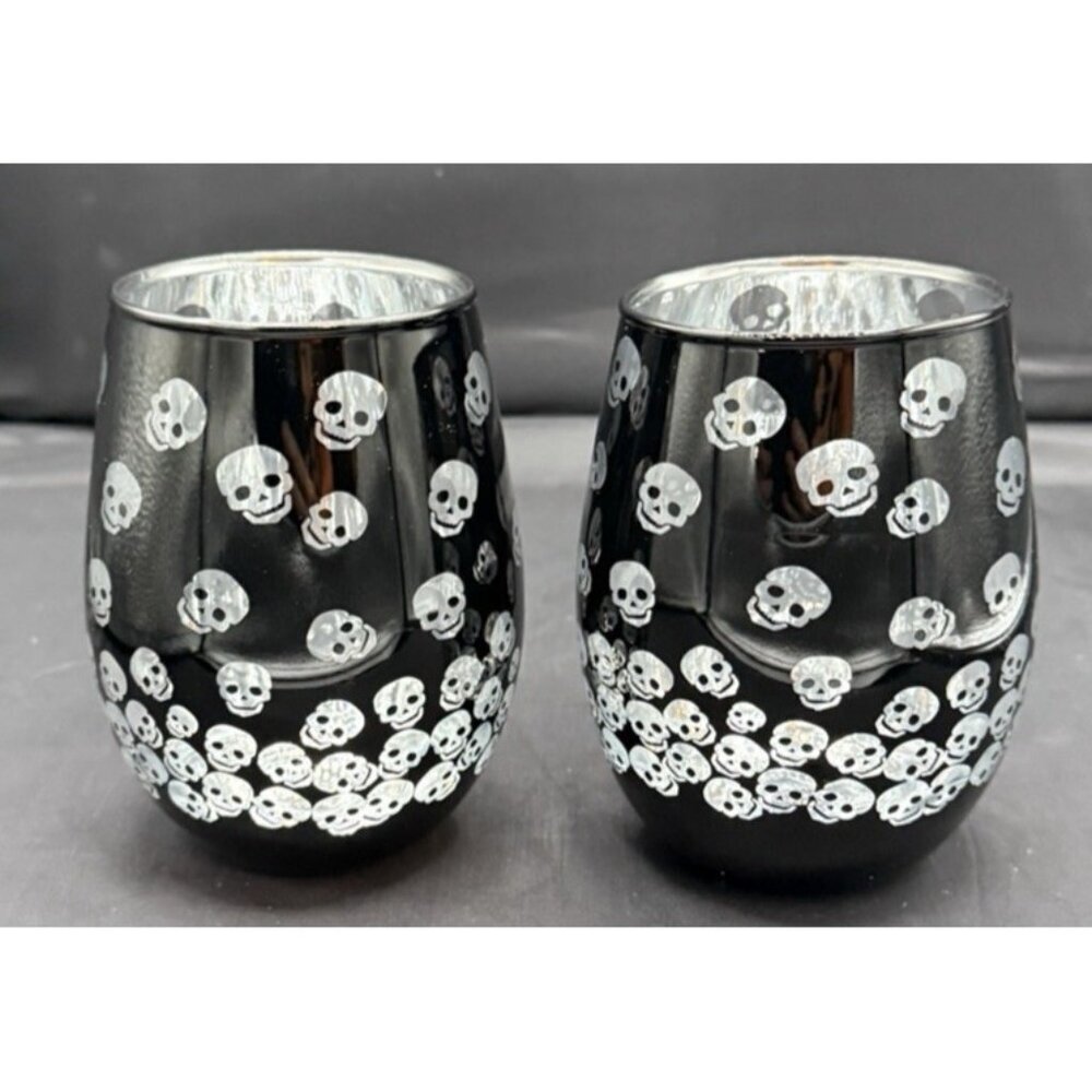 2 Stemless Black Silver Lining Skelton Skull Wine Drink Barware Glasses 5"